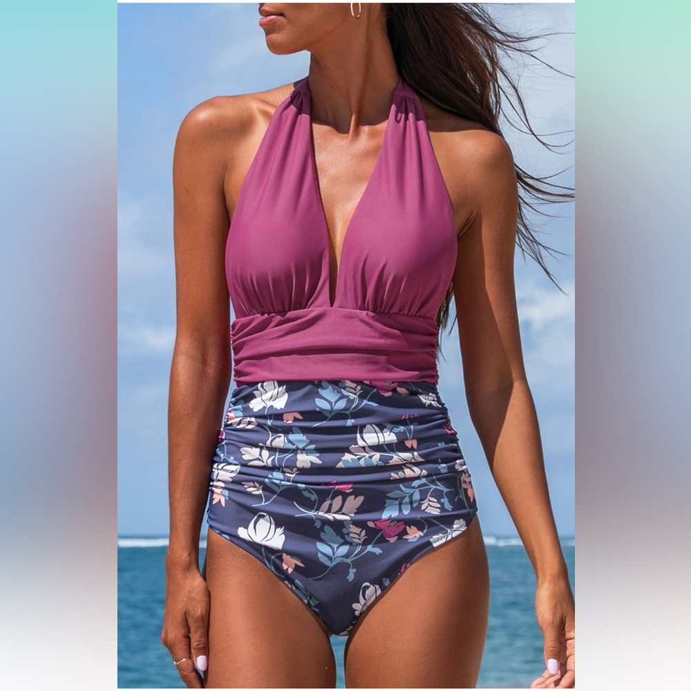 CUPSHE Women One Piece Swimsuit Halter Plunge Neck Ruched Tummy Control XL